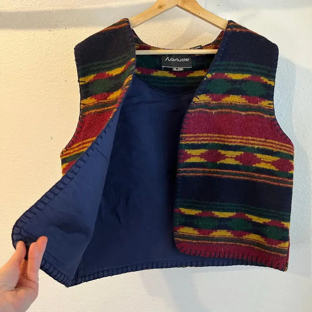 Substudio 90s Vintage Southwestern Wool Cotton Open Style Vest Boxy Size Large